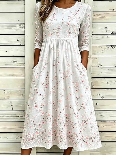 Women's White Floral Print Maxi Dress Short Sleeve Casual A-Line with Pockets