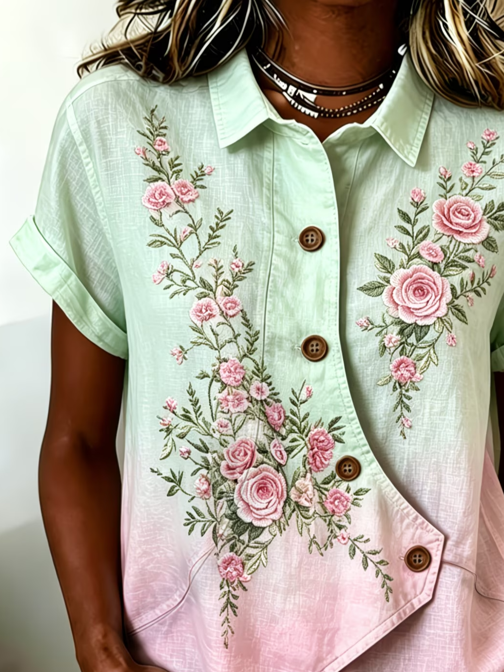 Women's Short Sleeve Shirt Summer Green Floral Printing Shawl Collar Daily Going Out Vintage Top