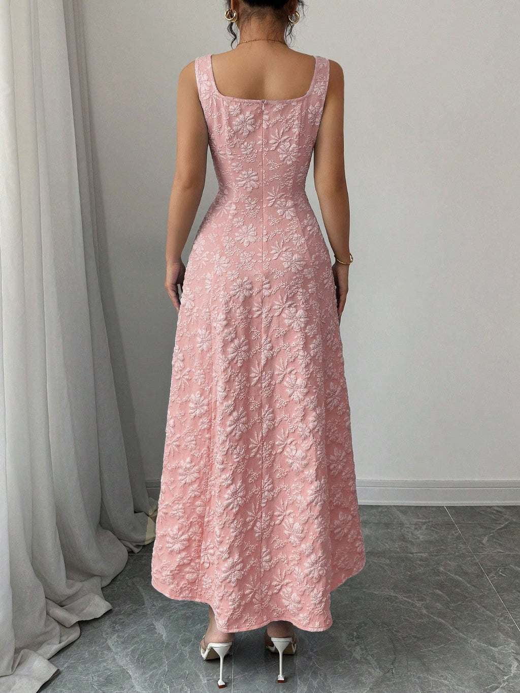 Jacquard Floral Square Neck Vintage Dress
