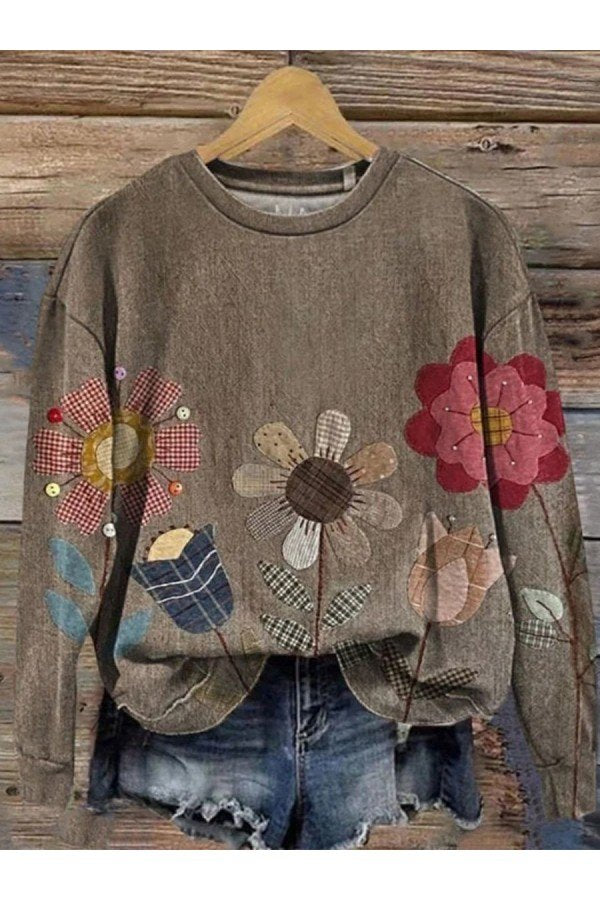 Vintage Floral Print Round Neck Long Sleeve Sweatshirt