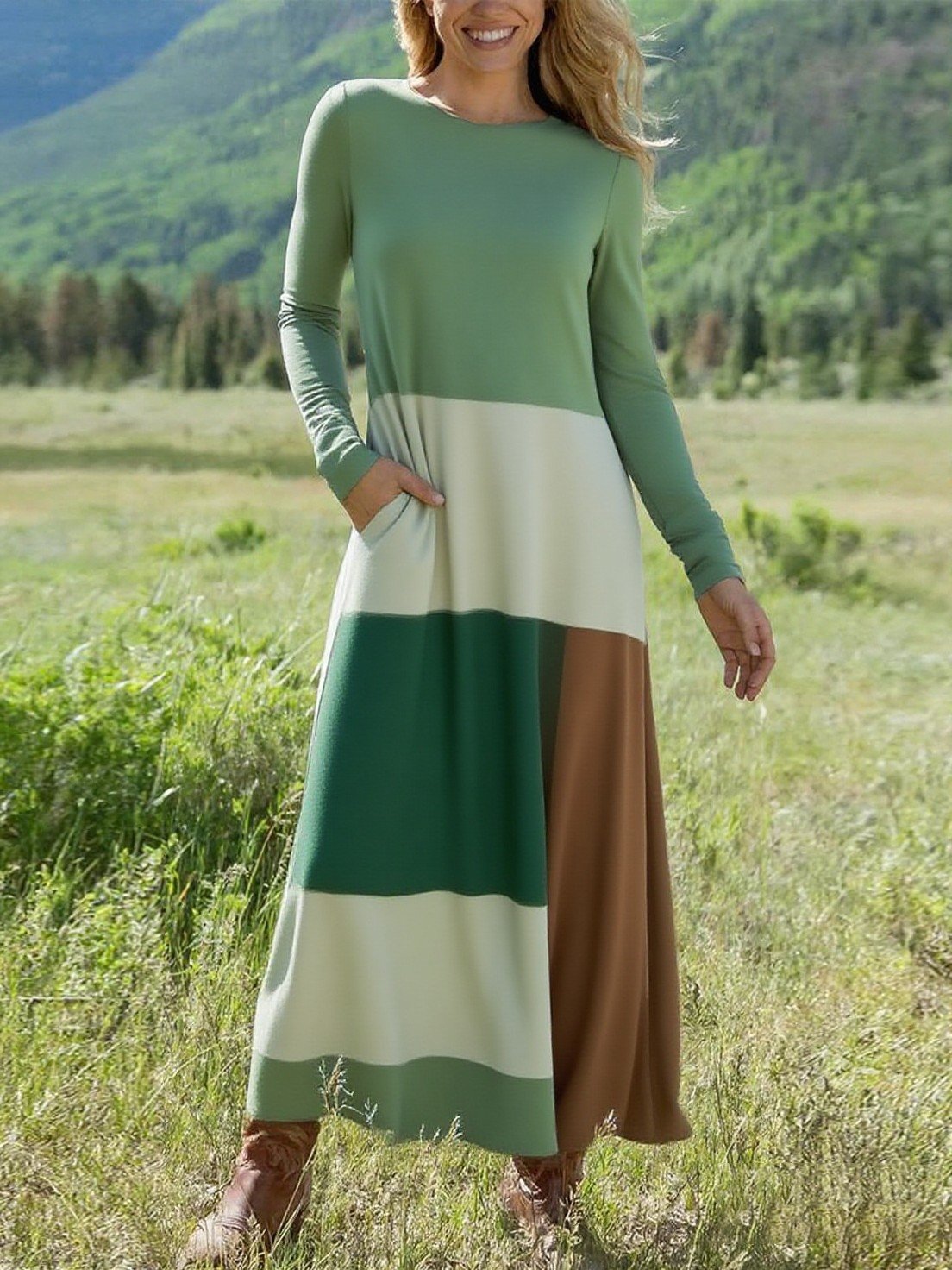 Crew Neck Vintage Loose Multicolor Block Dress With No