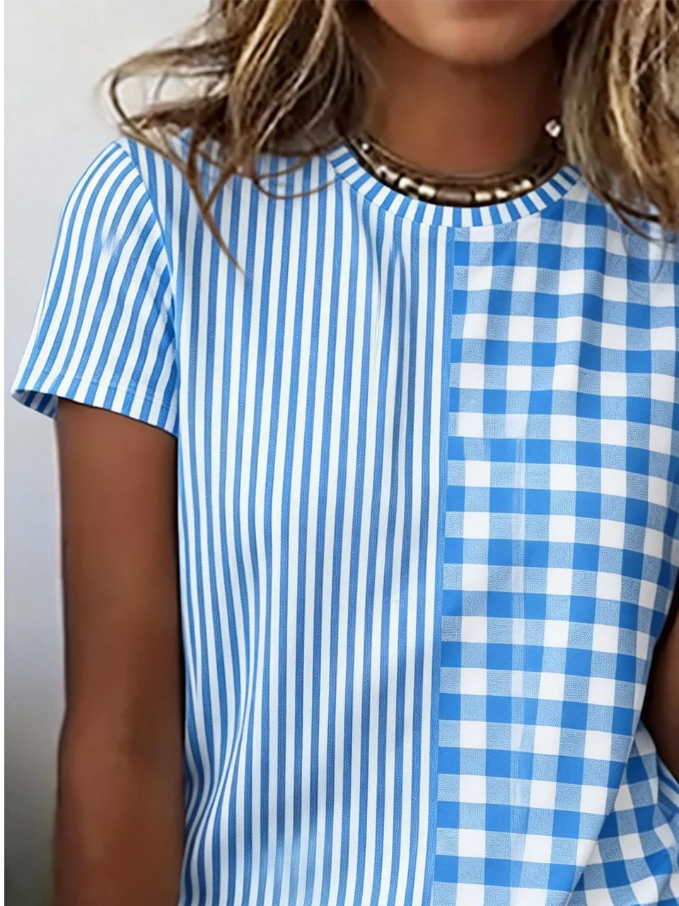 Crew Neck Casual Plaid Cotton T-Shirt