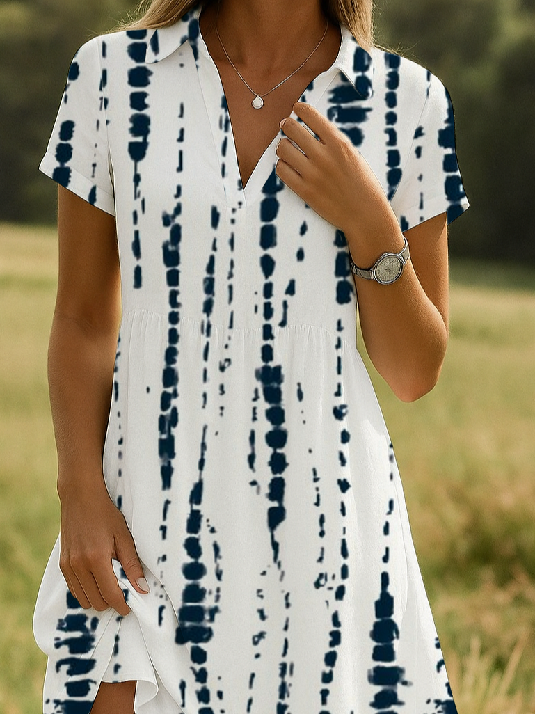 Women's Striped Print Lapel Short Sleeve Dress