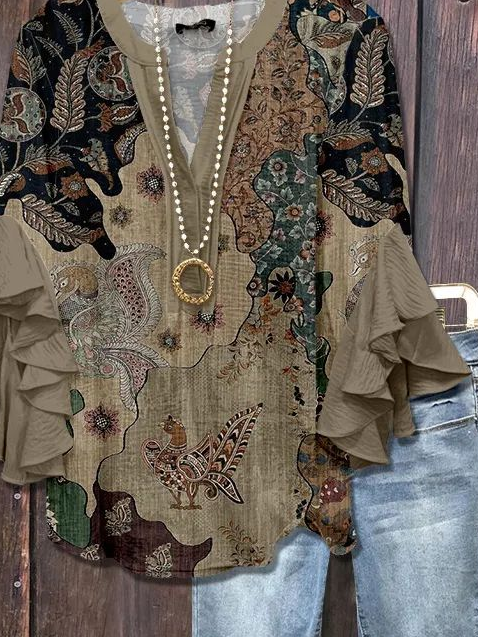 Women's Half Sleeve Shirt Summer Brown Floral Printing V Neck Daily Going Out Casual Top