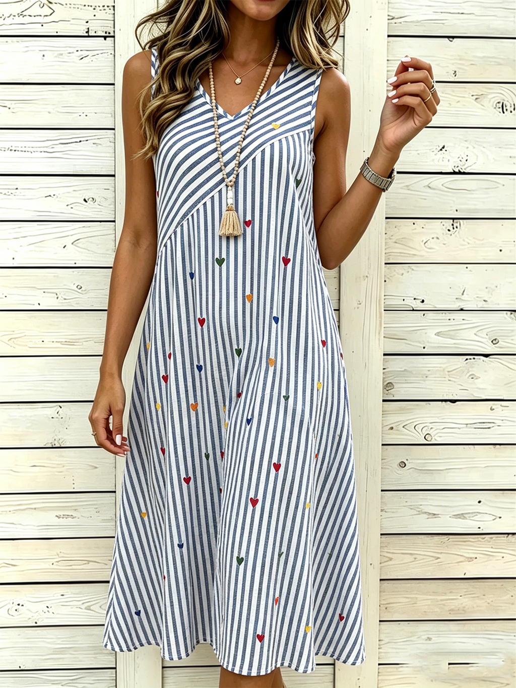 Women’s Vertical Stripe Heart Print Sleeveless V Neck Midi Dress Casual Boho Sundress