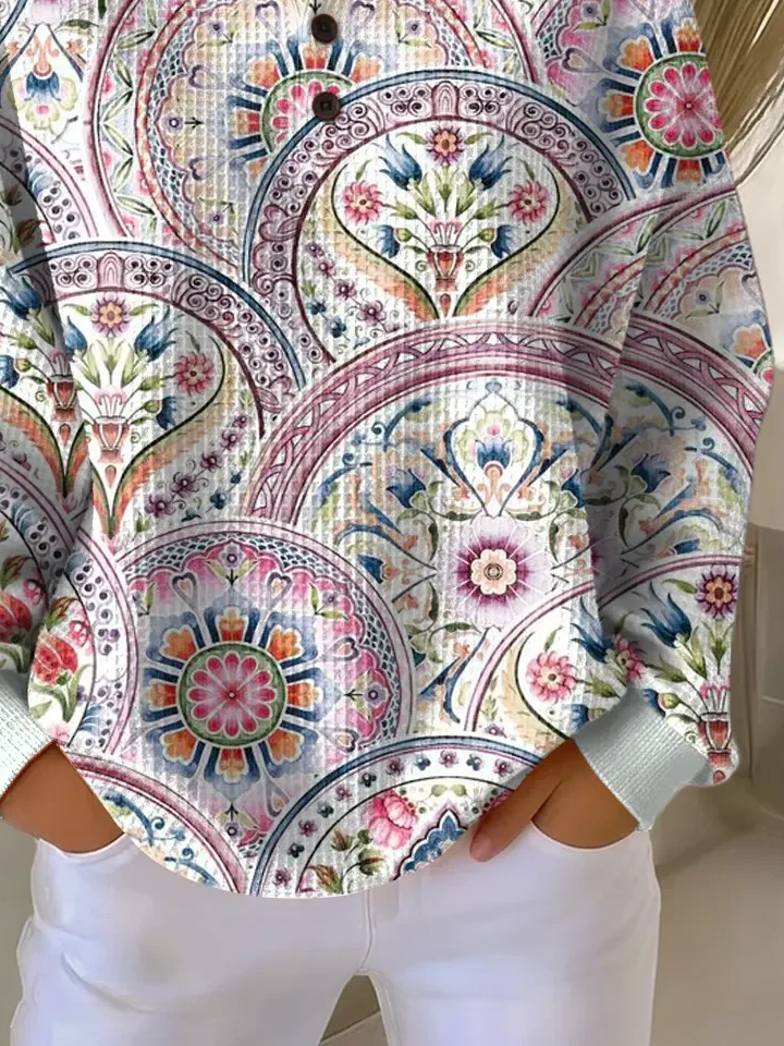 Women's Flowers Print Button-Up Casual Waffle Knit Sweatshirt