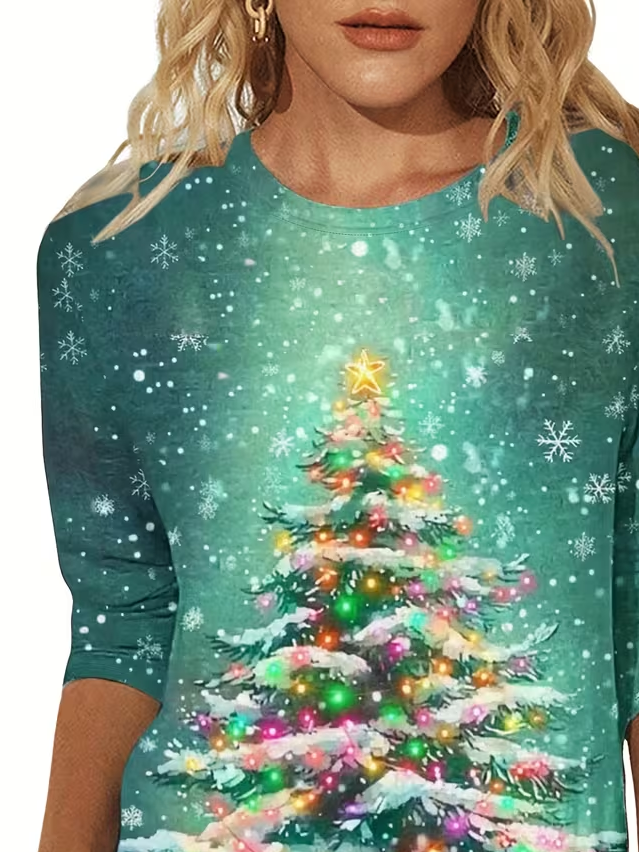 Women's Long Sleeve T-shirt Spring/Fall Green Christmas Jersey Crew Neck Daily Going Out Casual Top