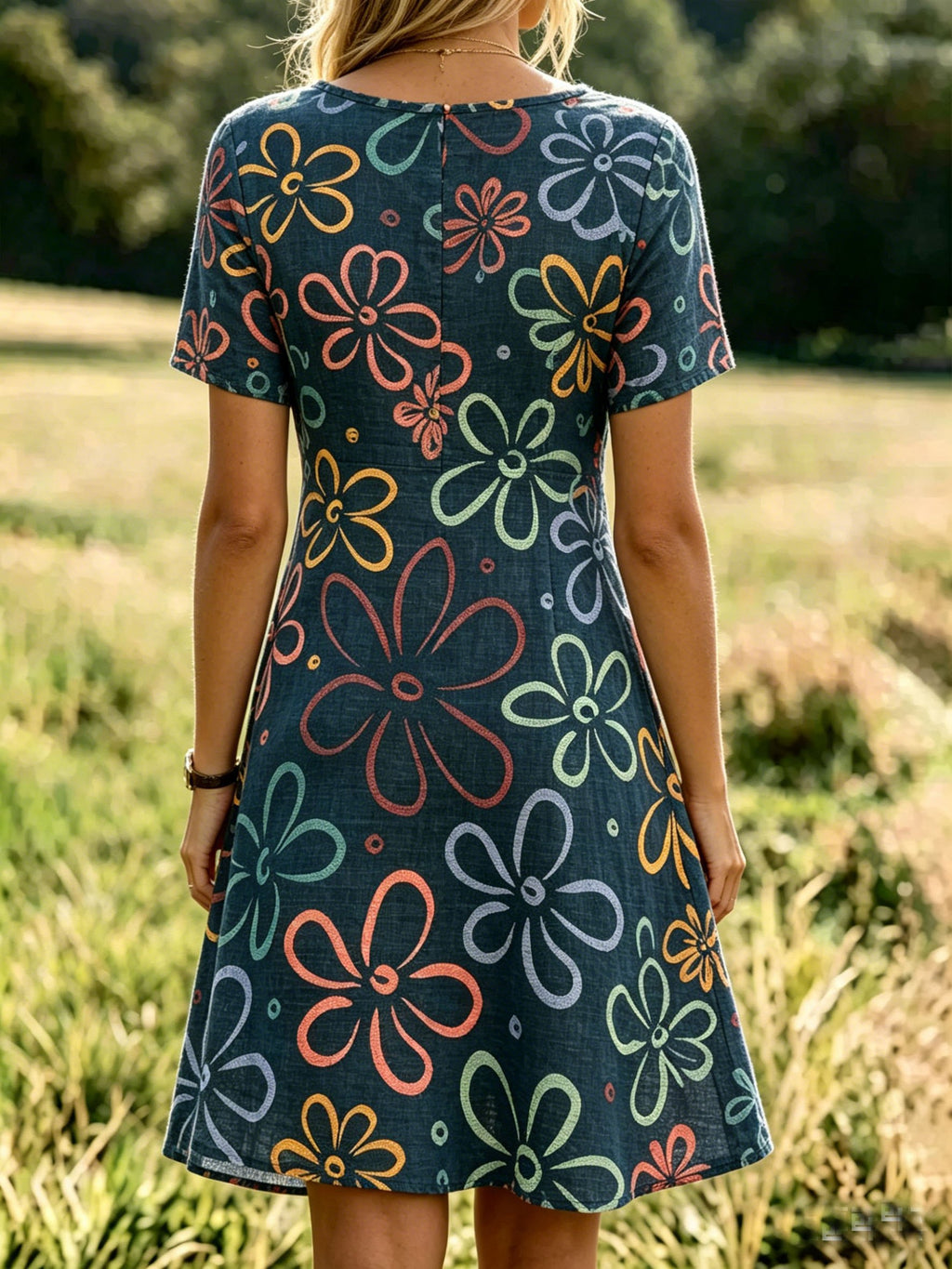 Women's Vintage Denim Blue Floral Print V-Neck Short-Sleeve Casual Dress