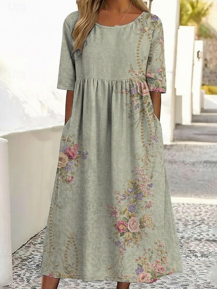 Crew Neck Vintage Loose Floral Dress With No