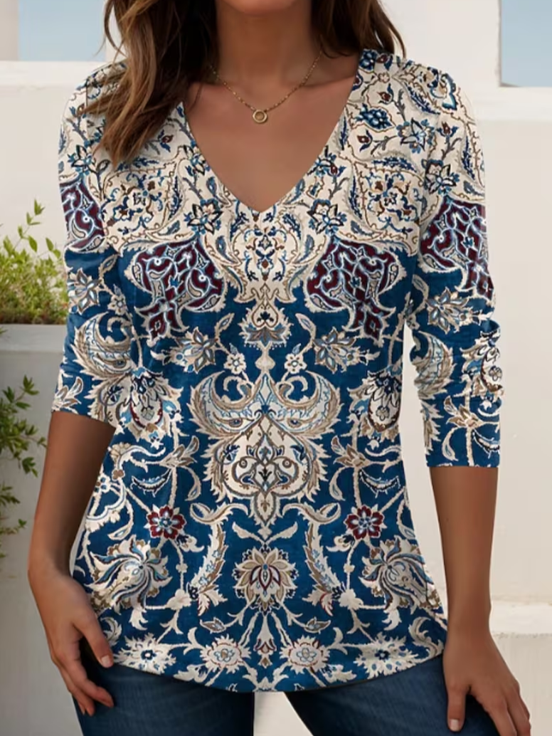 Women's Long Sleeve T-shirt Spring/Fall Blue Ethnic Printing V Neck Holiday Going Out Casual Top