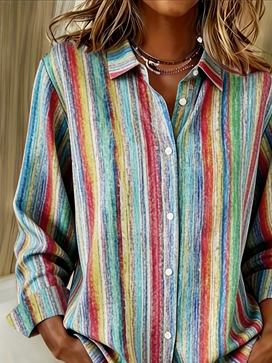 Women's Long Sleeve Shirt Spring/Fall As Picture Abstract Stripes Buckle Shirt Collar Daily Going Out Casual Top