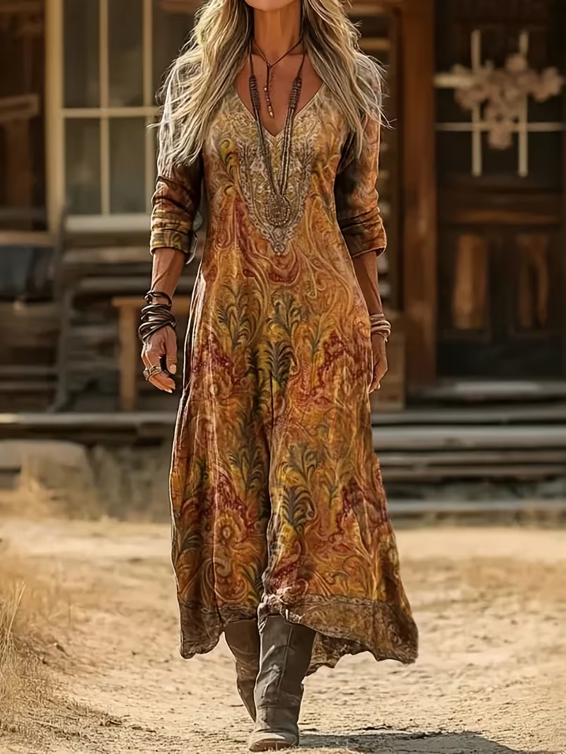 Women's Long Sleeve Spring/Fall Yellow Brown Abstract Printing V Neck Daily Going Out Vintage Maxi H-Line Dress