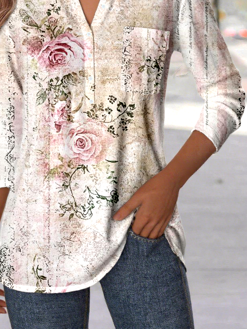 Women's Vintage Floral Pattern Patch Pocket Long Sleeve Shirt Regular Top