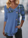 Women's Long Sleeve T-shirt Spring/Fall Blue Plaid Printing V Neck Daily Going Out Casual Top