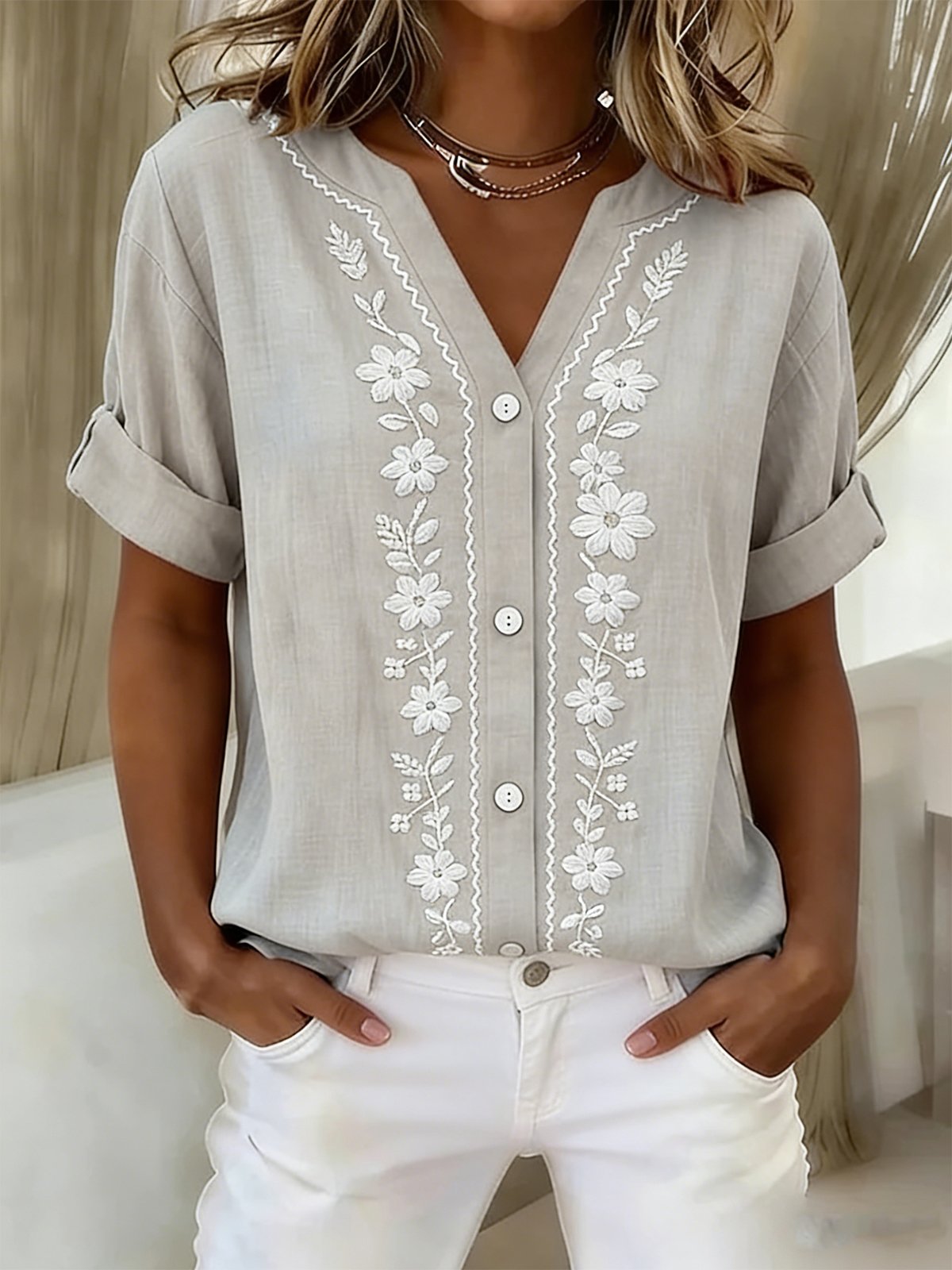 Women's Button-Down Shirt â€?V-Neck, Short-Sleeve, Stylish Button-Front Casual Shirt