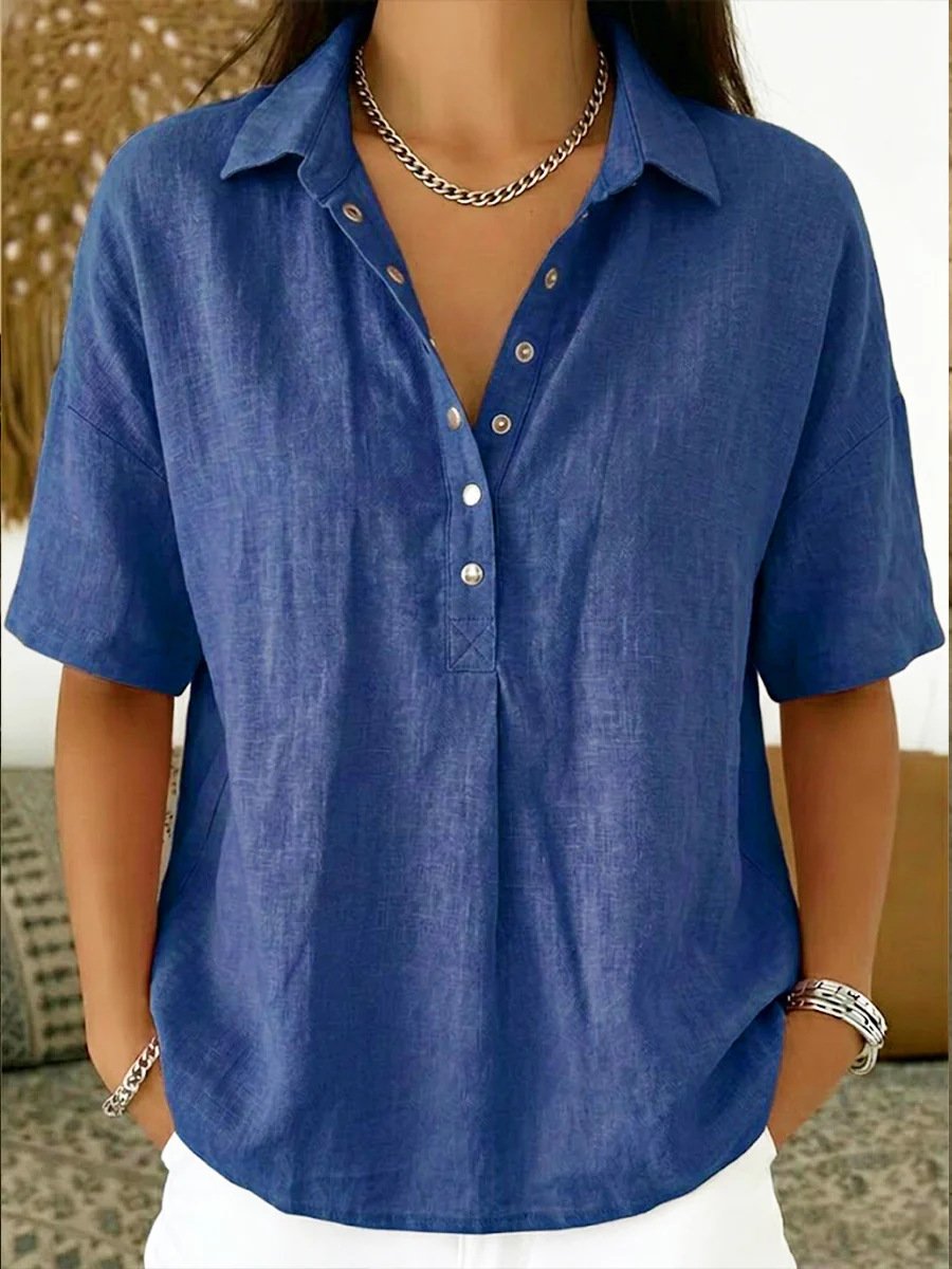 Women’s Light Blue Short Sleeve V Neck Henley Shirt Loose Fit Linen Casual Polo Blouse