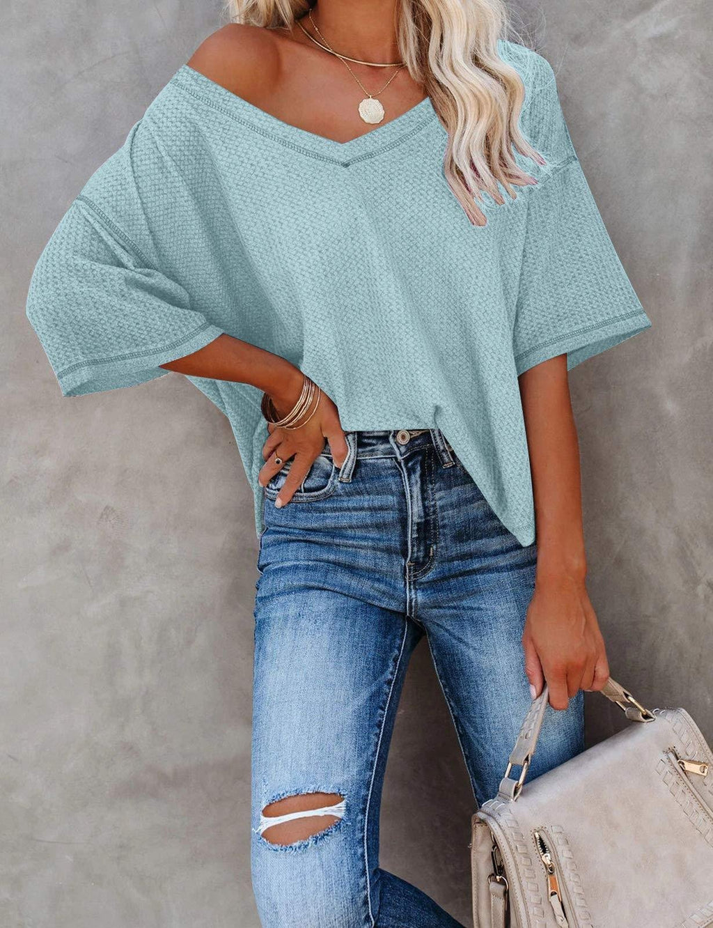 V Neck Plain Casual Loose T-Shirt