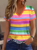 Women's Short Sleeve T-shirt Summer As Picture Striped Printing V Neck Holiday Going Out Vintage Top