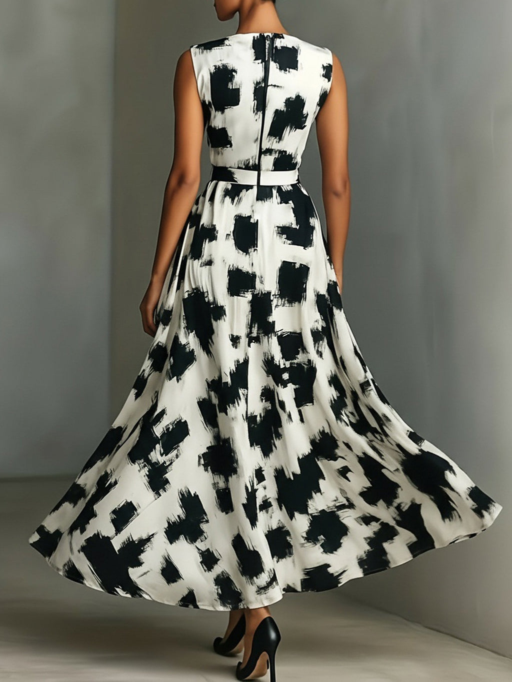 Abstract Printed Tight Round Neck Sleeveless Elegant Casual Maxi Dress