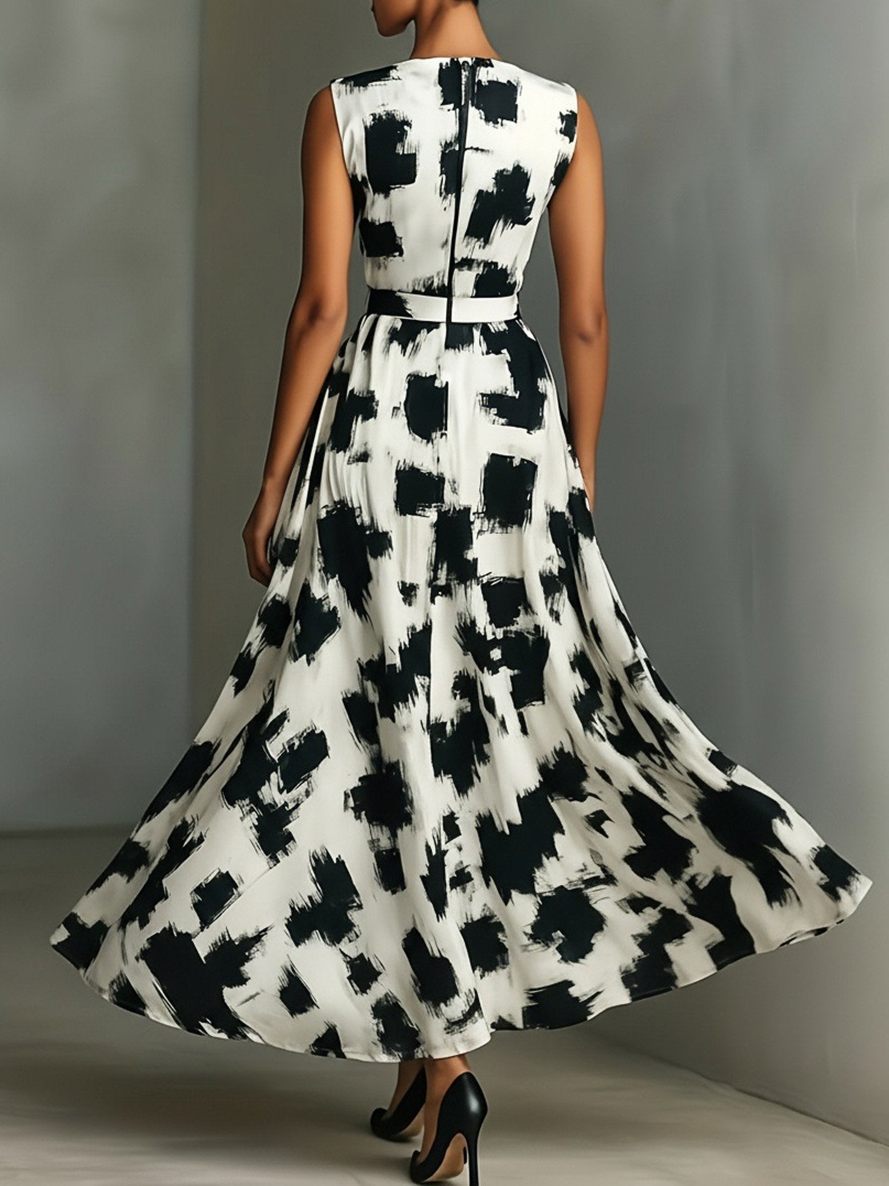 Abstract Printed Tight Round Neck Sleeveless Elegant Casual Maxi Dress