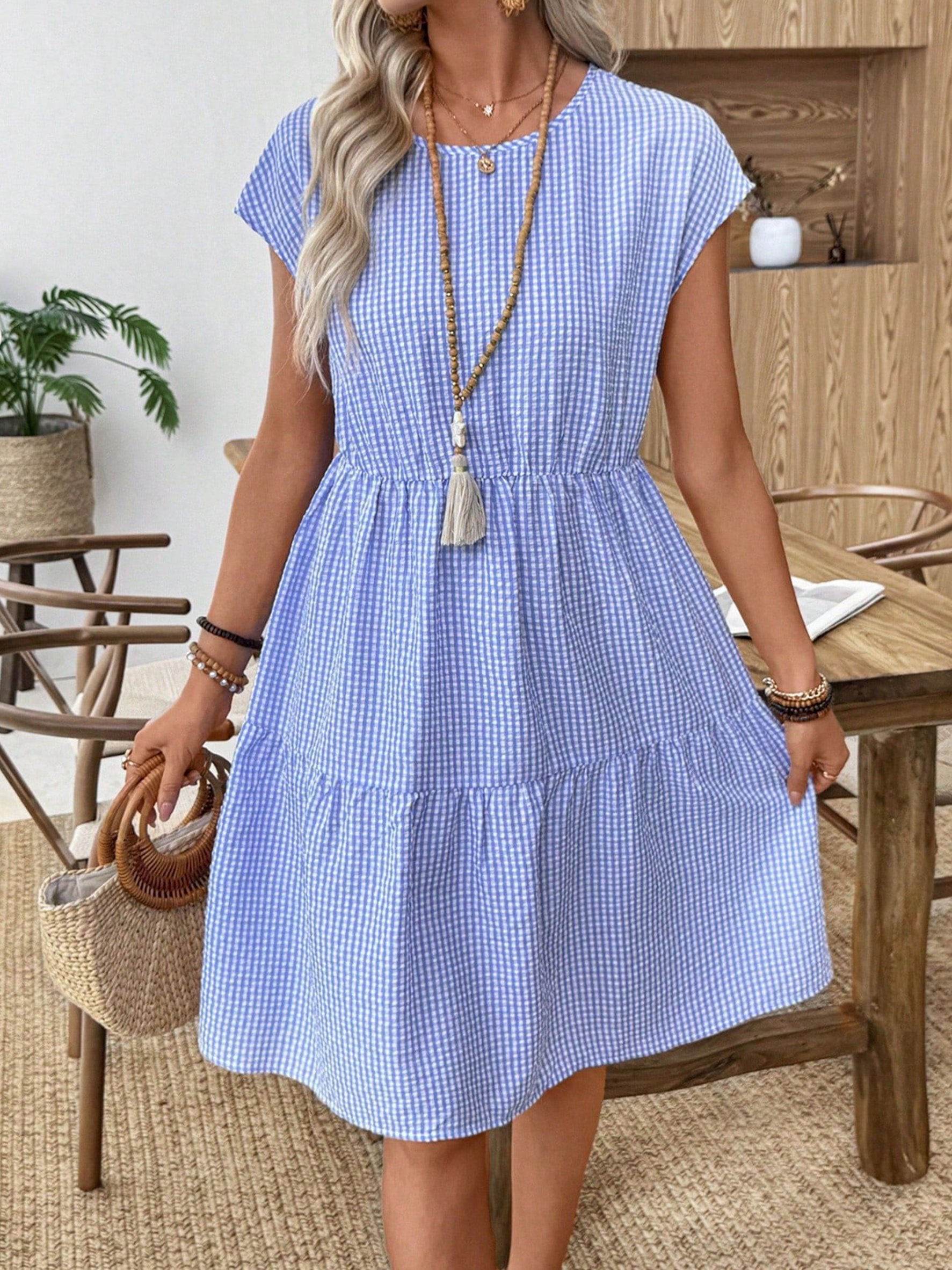 Plaid Round Nck Short Sleeve Slim Waist Summer Casual Dress