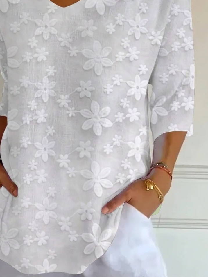 Women's Three Quarter Sleeve T-shirt Spring/Fall White Floral Printing V Neck Daily Going Out Casual Top