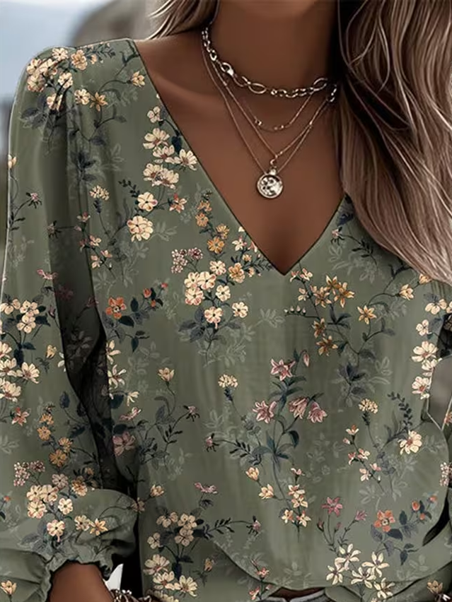 Women's Long Sleeve Blouse Spring/Fall Green Floral Printing V Neck Daily Going Out Casual Top