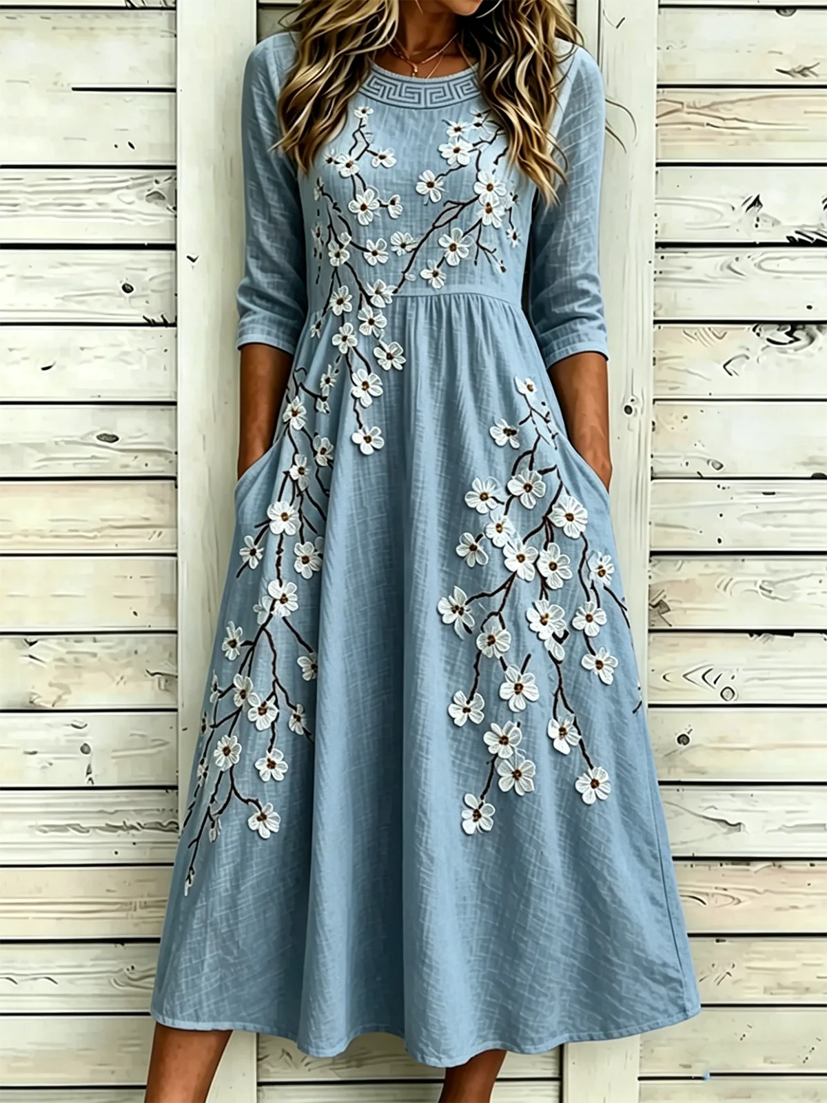 Women’s White Floral Branch Print Boho Cotton Linen Maxi Dress with Short Sleeves