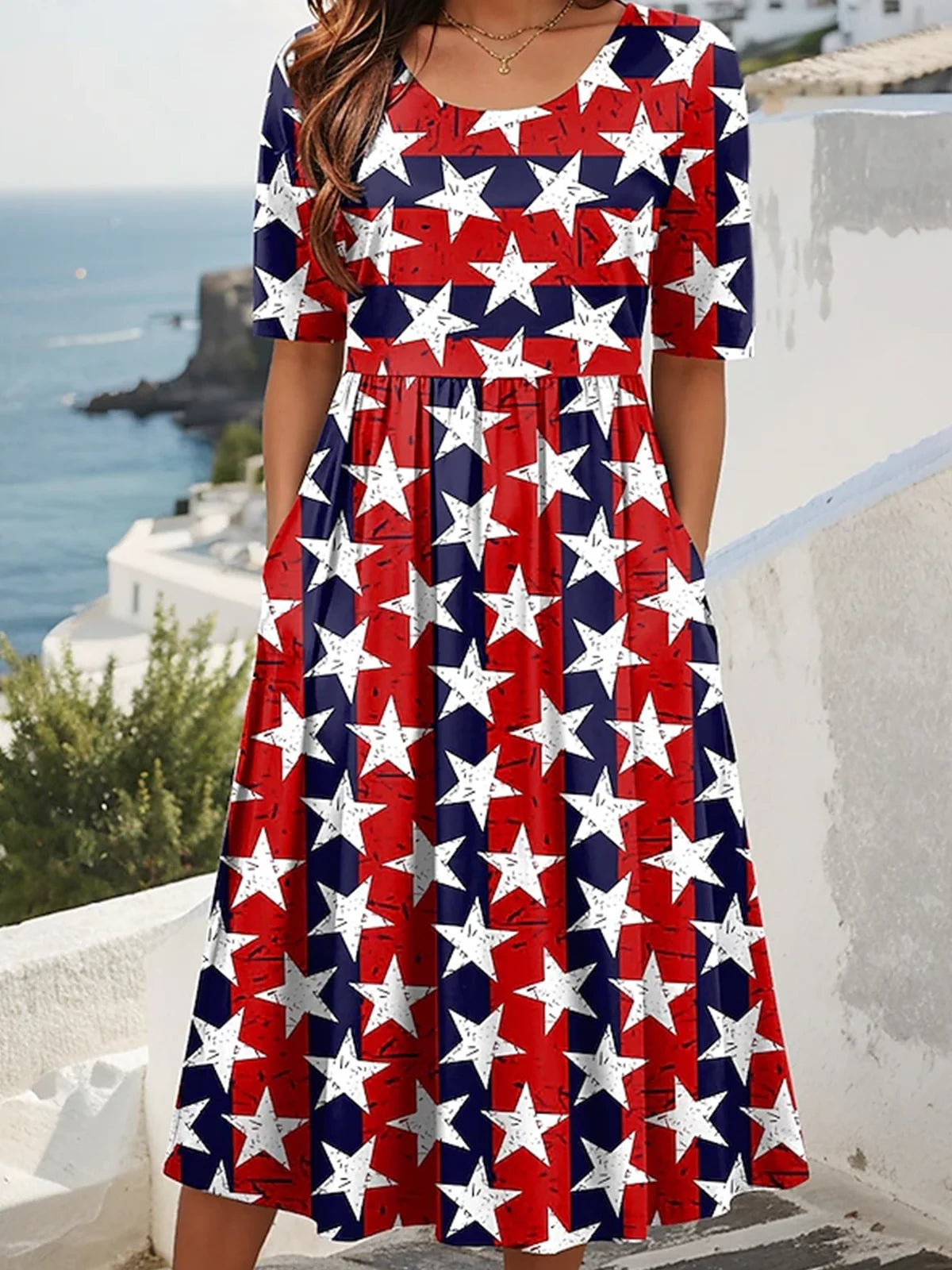 Crew Neck Regular Fit America Flag Casual Dress With No