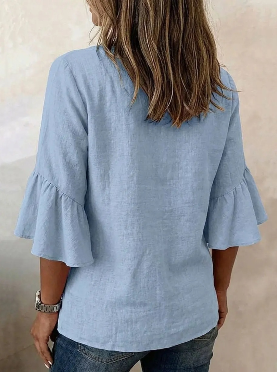 Cotton And Linen The Quarter Sleeve Ruffle V Neck Casual Blouse