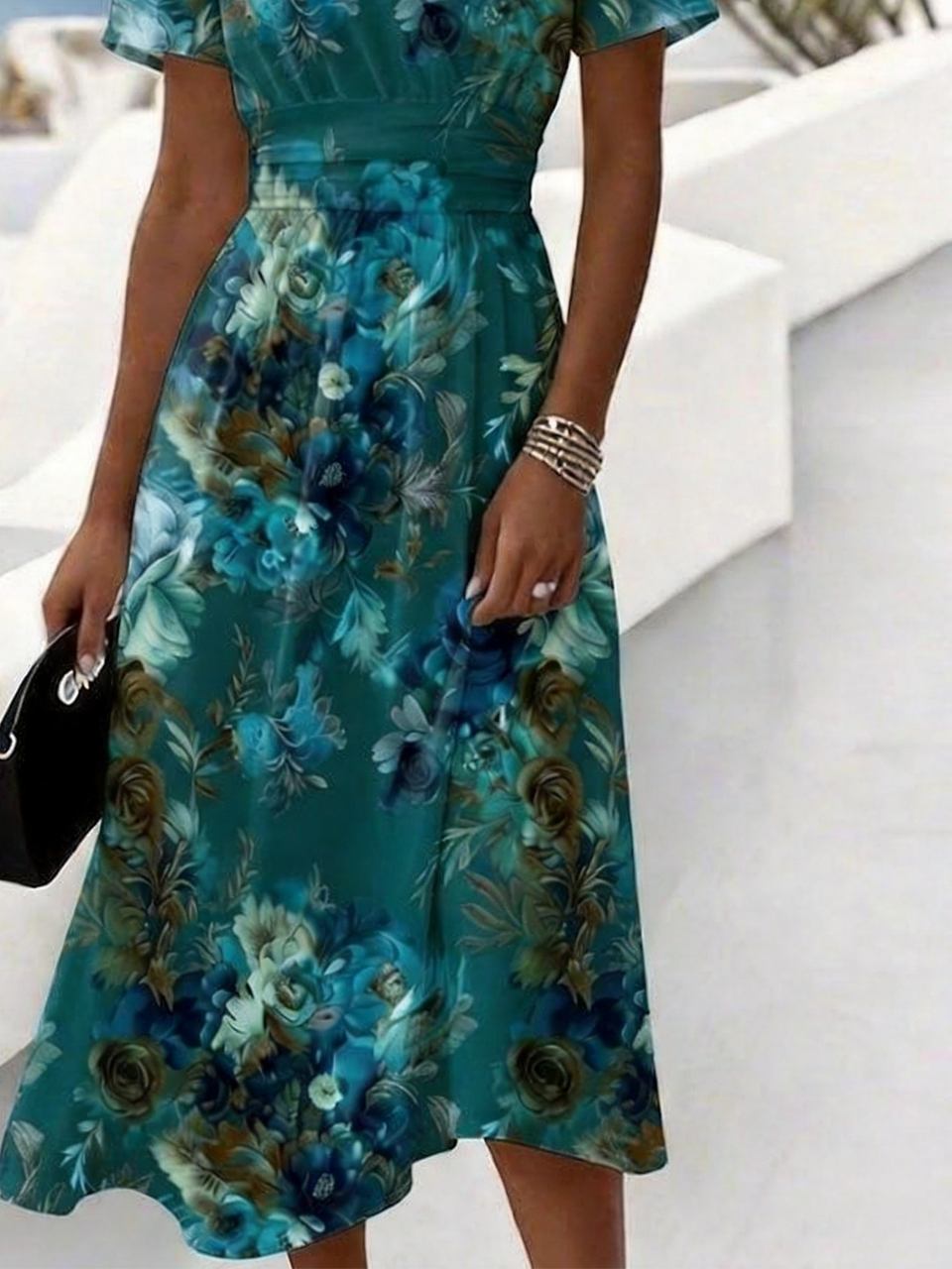 Floral V Neck Regular Fit Elegant Dress With No