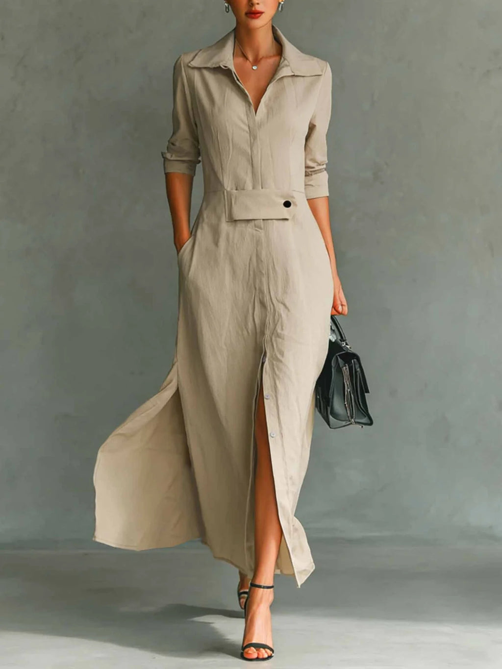 Women's Long Sleeve Spring/Fall Plain Split Joint V Neck Daily Going Out Maxi Dress