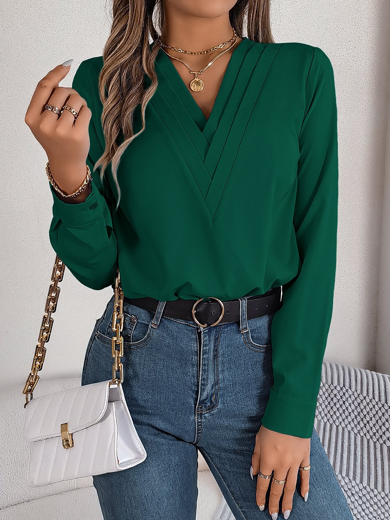 Women's Long Sleeve Shirt Spring/Fall White Plain Split Joint Tencel Fiber V Neck Daily Going Out Casual Top