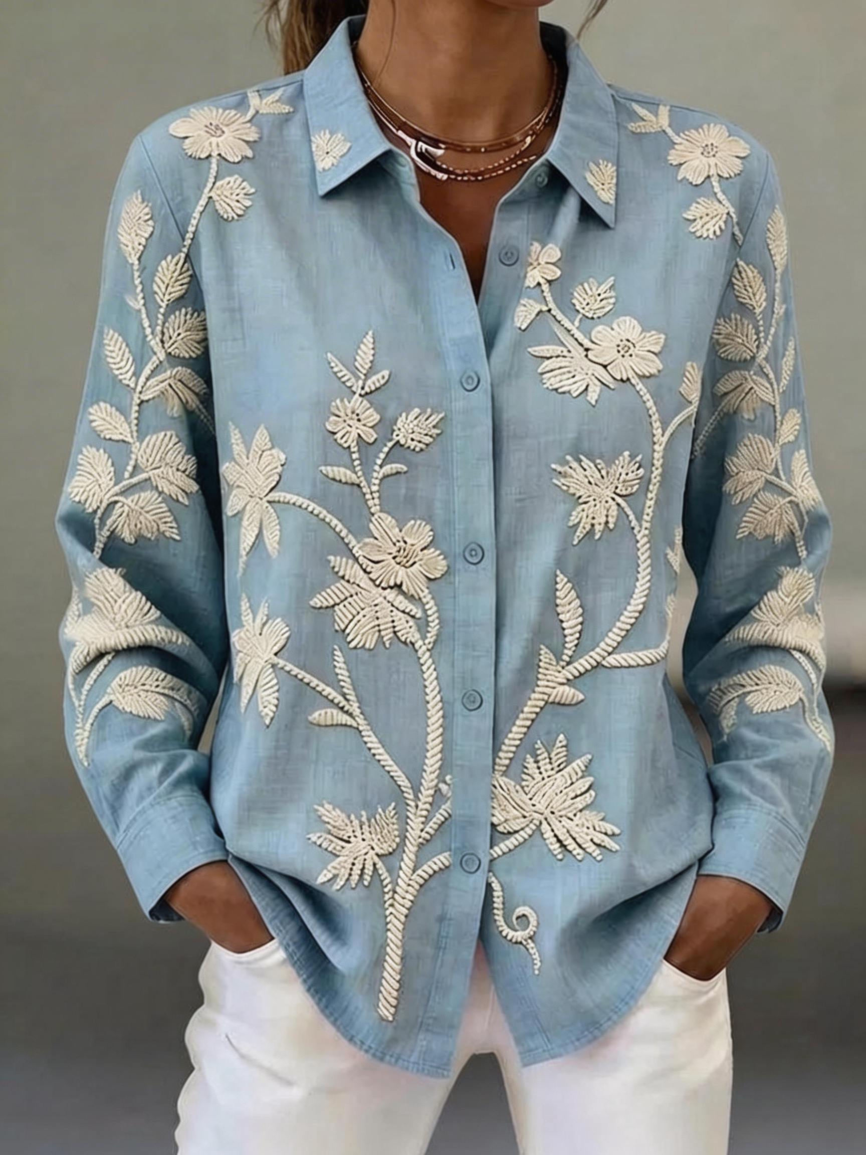 Women’s Light Blue Printed Floral Long Sleeve Button Down Collared Blouse Elegant Shirt