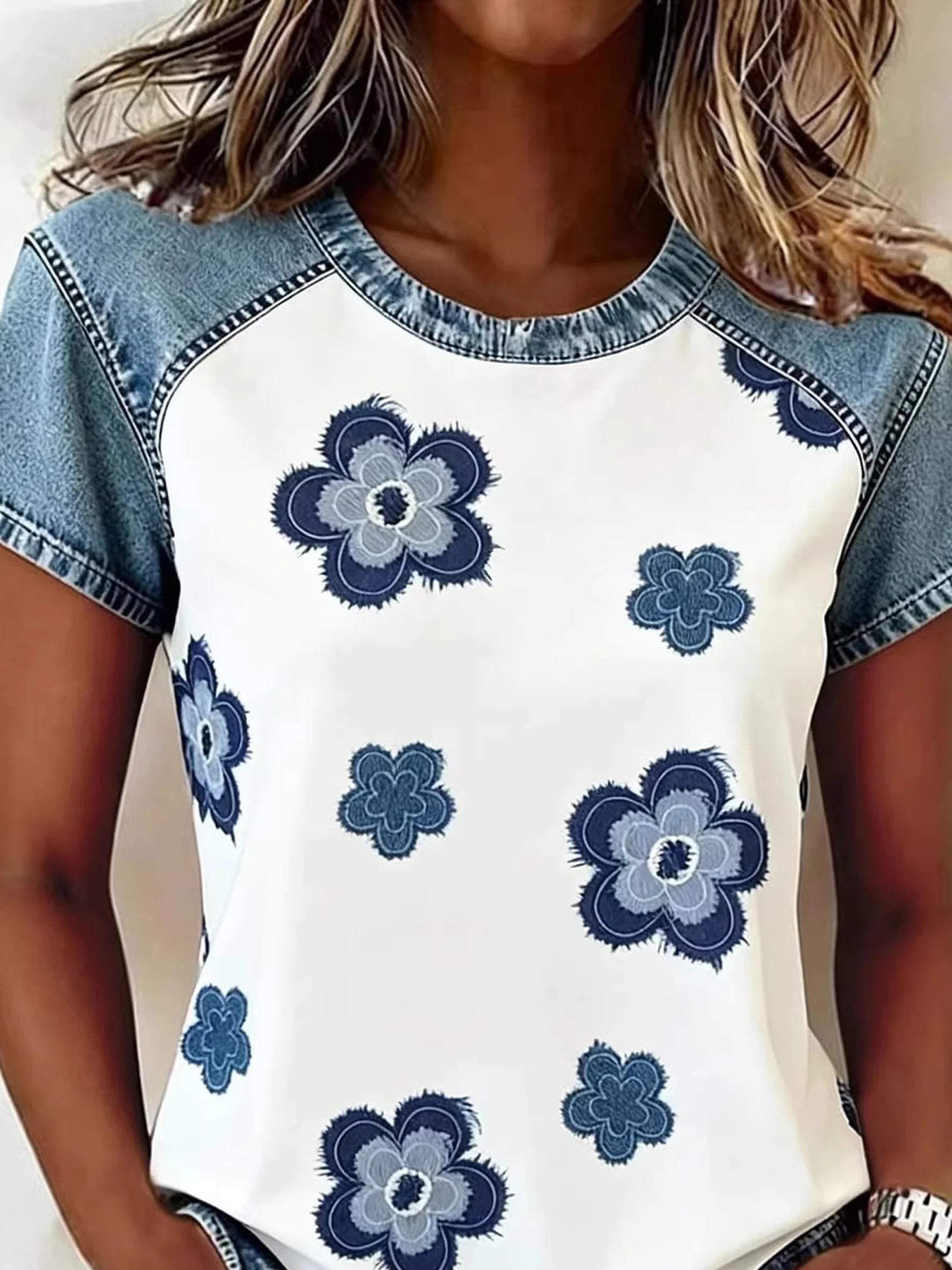 Denim Look Color Block Floral Printing Round Neck Short Sleeve Summer Going Out Casual T-Shirt