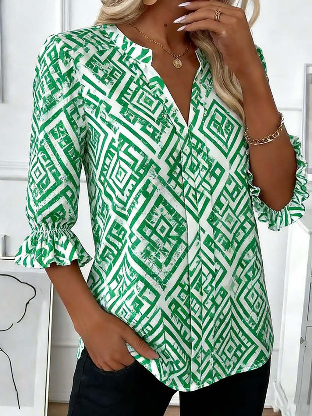 Geometric Elegant Regular Fit Linen Blend Shirt