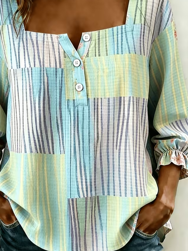 Women's Three Quarter Sleeve Blouse Spring/Fall As Picture Striped Printing Square Neck Daily Going Out Vintage Top