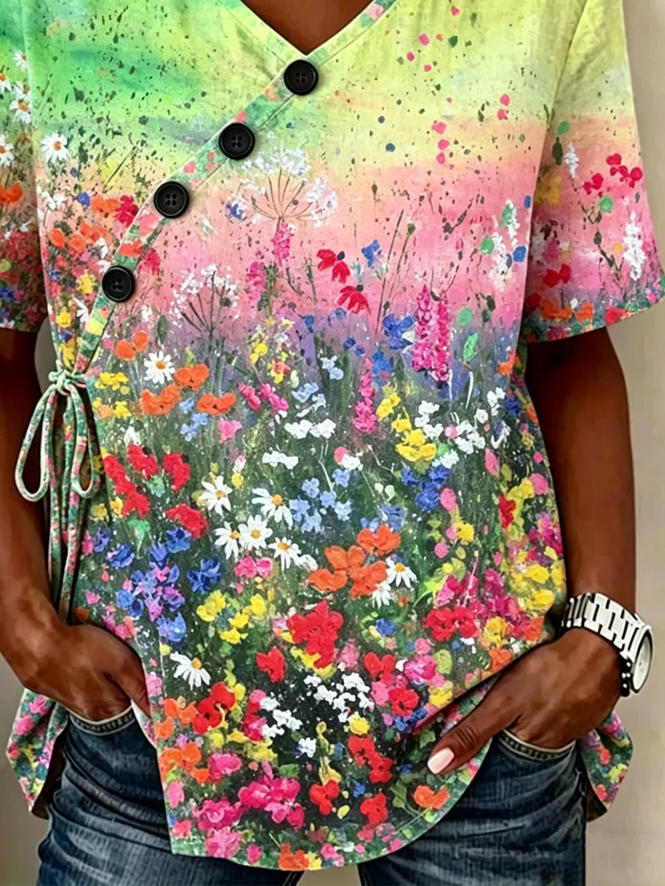 Elegant Floral Crew Neck Loose Shirt