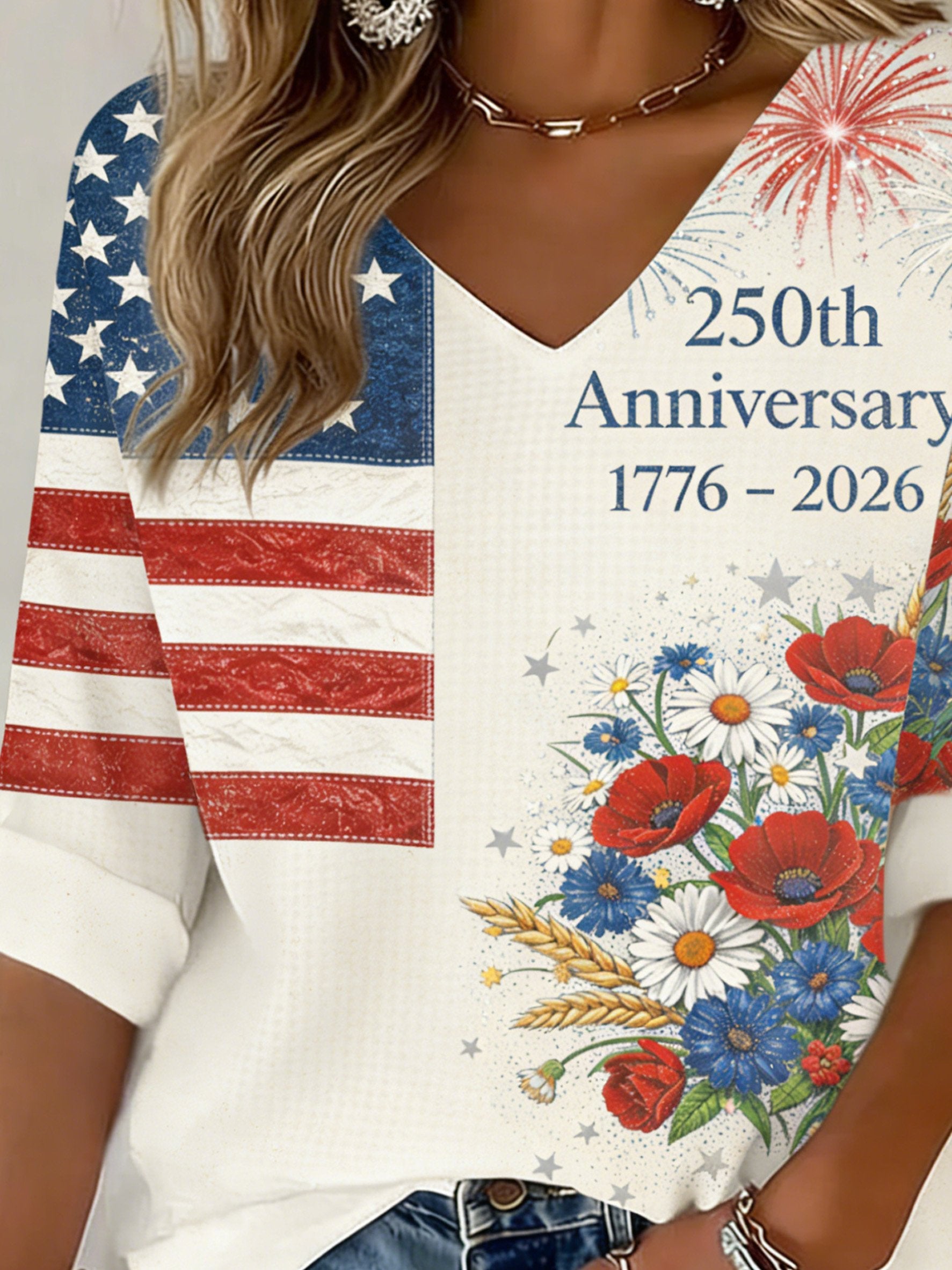 3D Printing V Neck America Flag Floral 250th Anniversary Spring Summer Casual T-Shirt