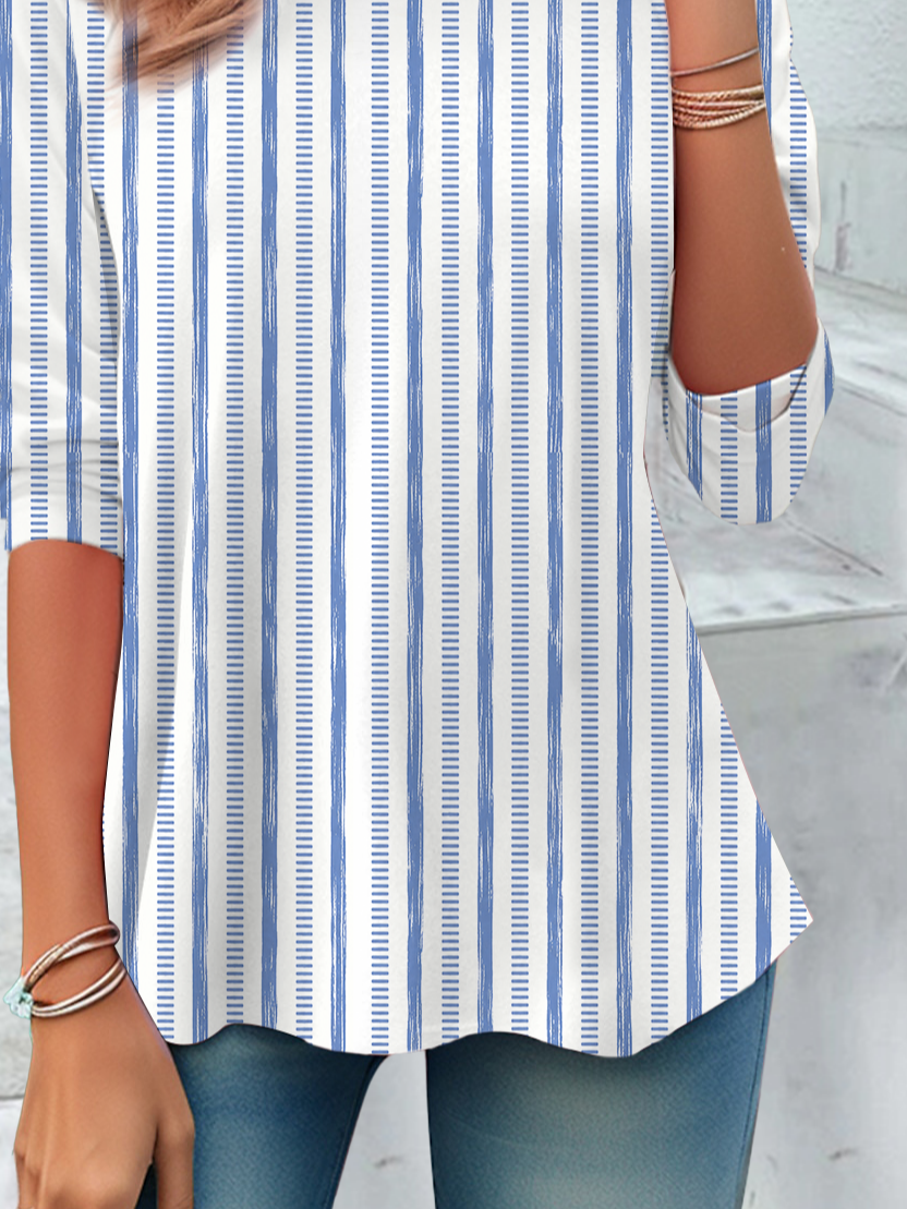 Women's Long Sleeve T-shirt Spring/Fall Blue Striped Jersey Crew Neck Daily Going Out Casual Top