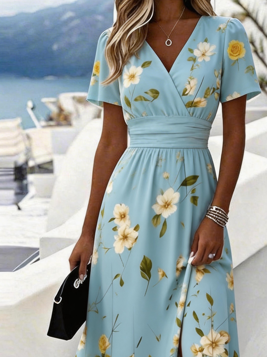Floral Elegant Regular Fit V Neck Dress With No
