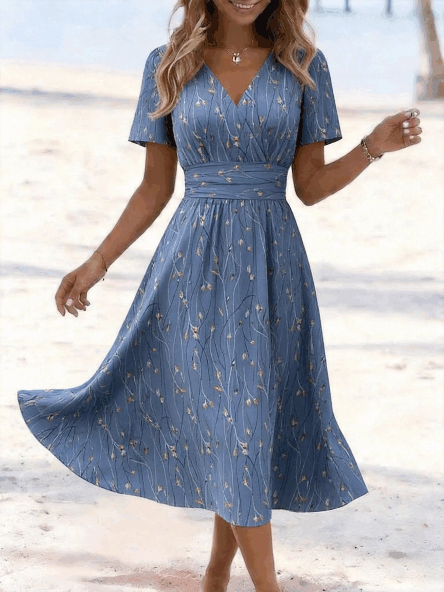 Women Leaf Summer Dress V Neck Short Sleeve Beach Dress A-Line Dress