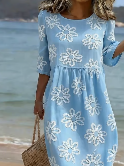 Crew Neck Elegant Floral Dress With No
