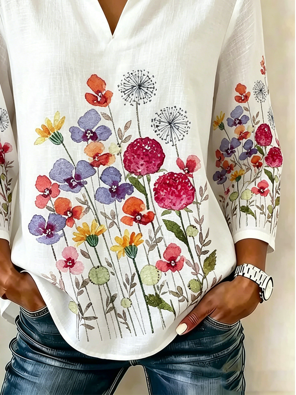 Women's Long-Sleeve Cotton-Linen Blouse with Botanical Floral Print