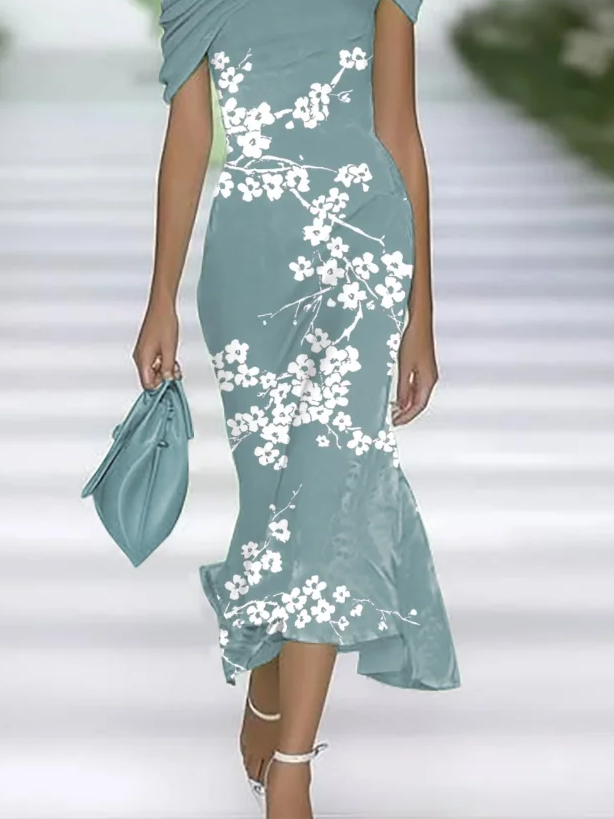 Women's Cap Sleeve Summer Cyan Floral Printing Cold Shoulder Daily Going Out Vintage Maxi H-Line Dress