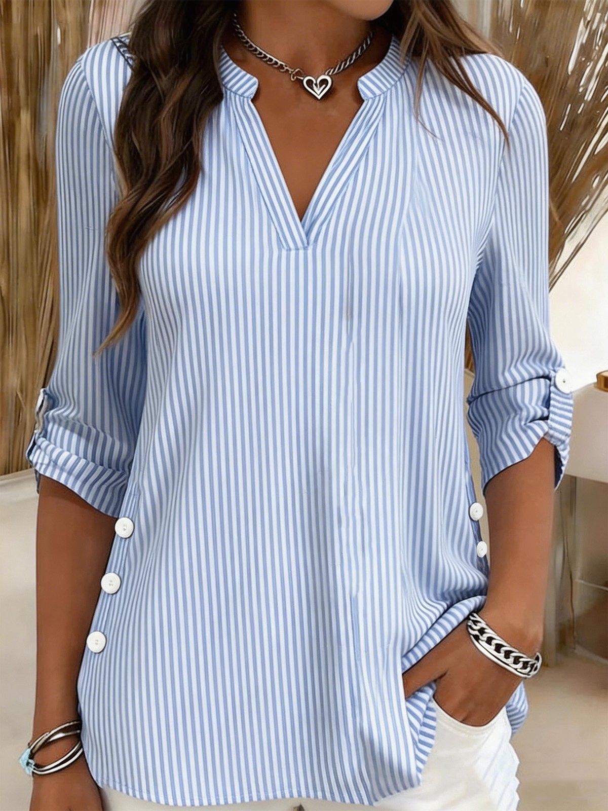 Elegant Striped Loose V Neck T-Shirt