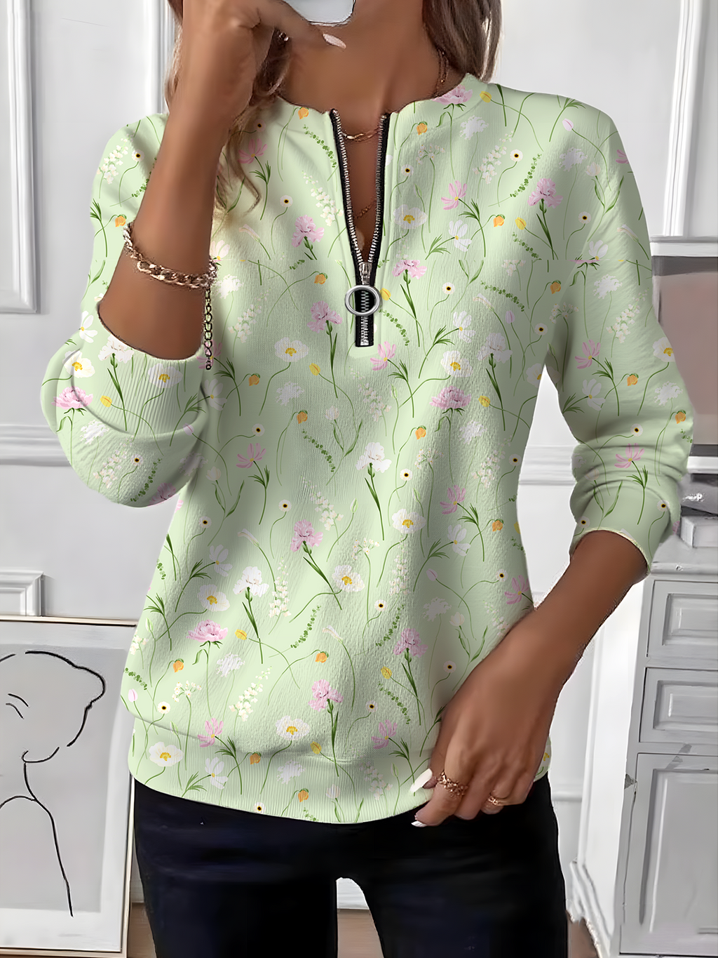 Floral Crew Neck Simple Loose Sweatshirt