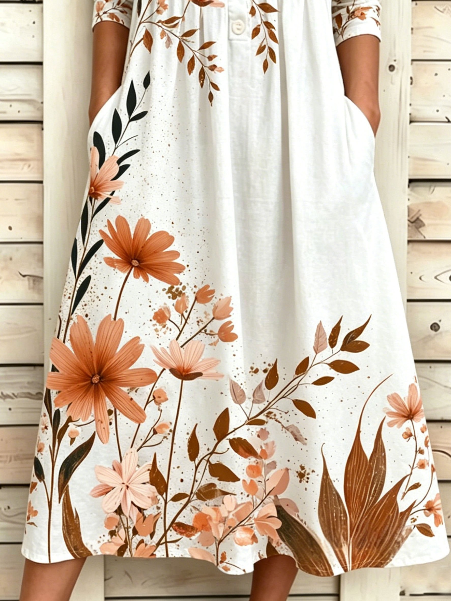 Botanical Print Half Sleeve Round Neck Button A-Line Vintage Casual Dress