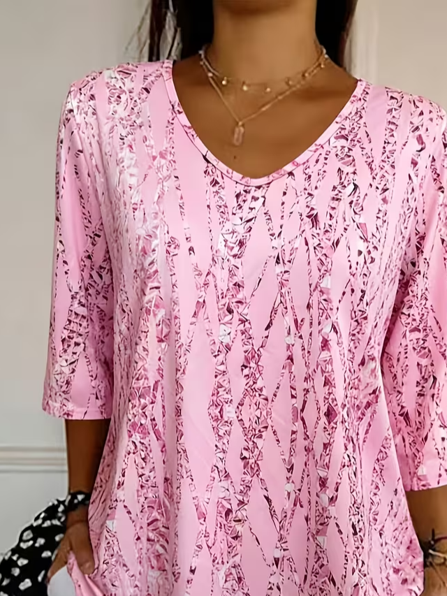 Women's Three Quarter Sleeve T-shirt Spring/Fall Pink Abstract Printing V Neck Daily Going Out Casual Top