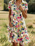 Shirt Collar Colorful Floral Vacation Regular Fit Dress With No